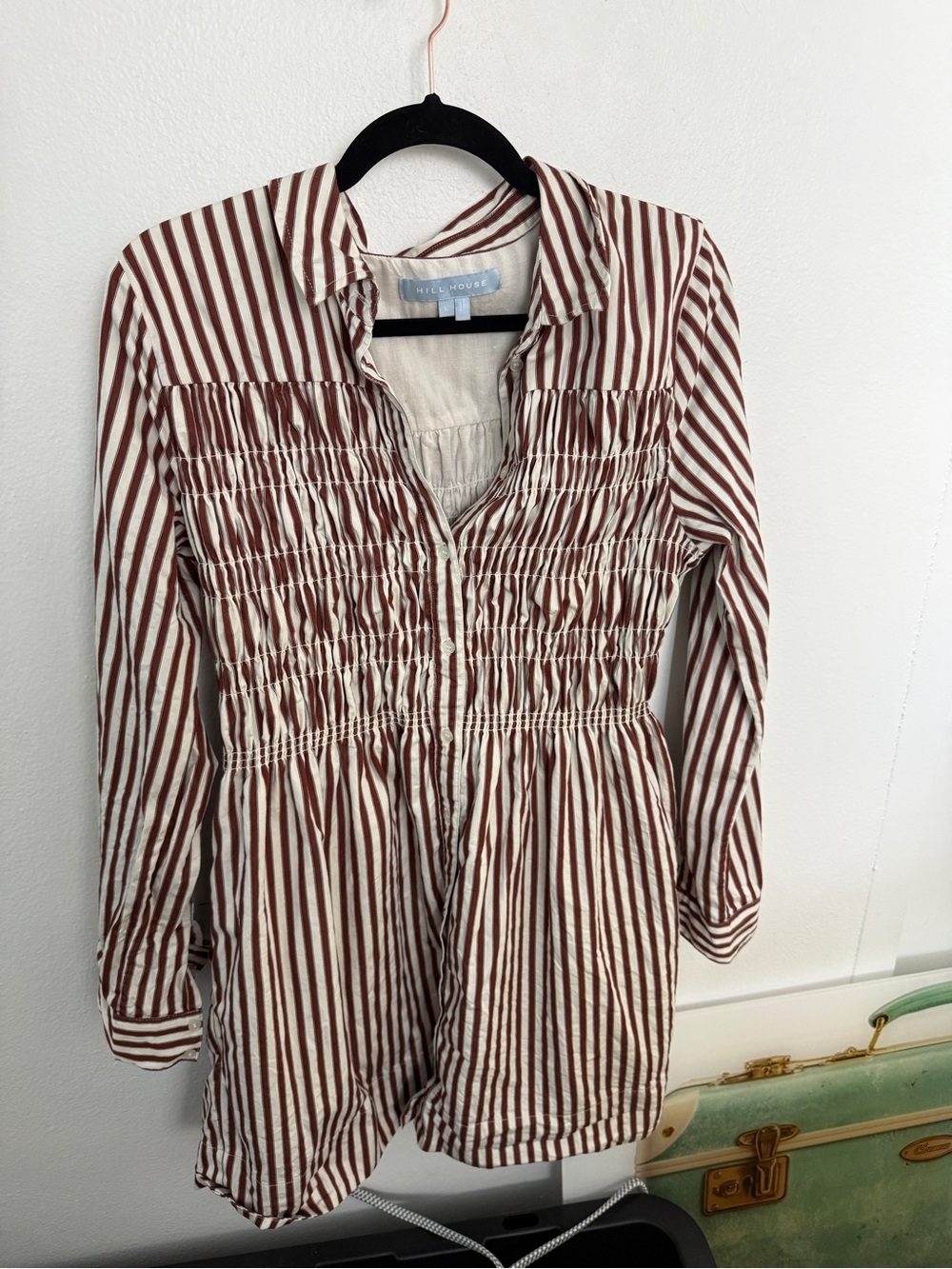 Hill House Cream and Brown Striped Smocked Dress